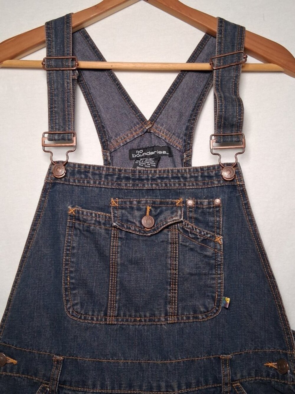 No Boundaries Denim Shortalls Juniors Large Blue Jean Shorts Overalls - Picture 9 of 16
